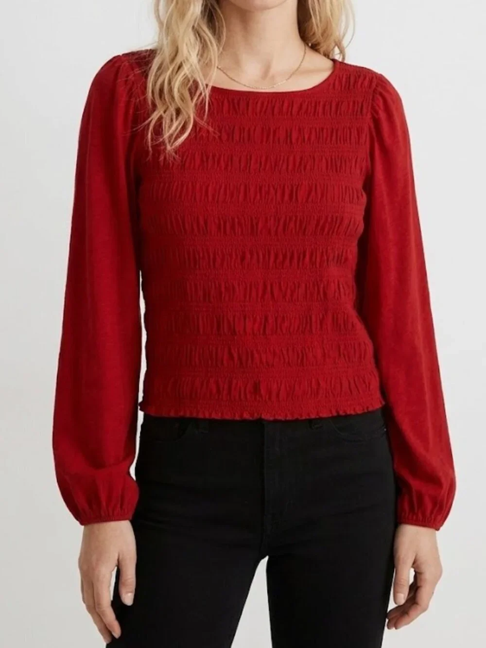 Madewell Smocked Cotton Boatneck Puff Sleeves Slim Fit Top Red Size M NWT
